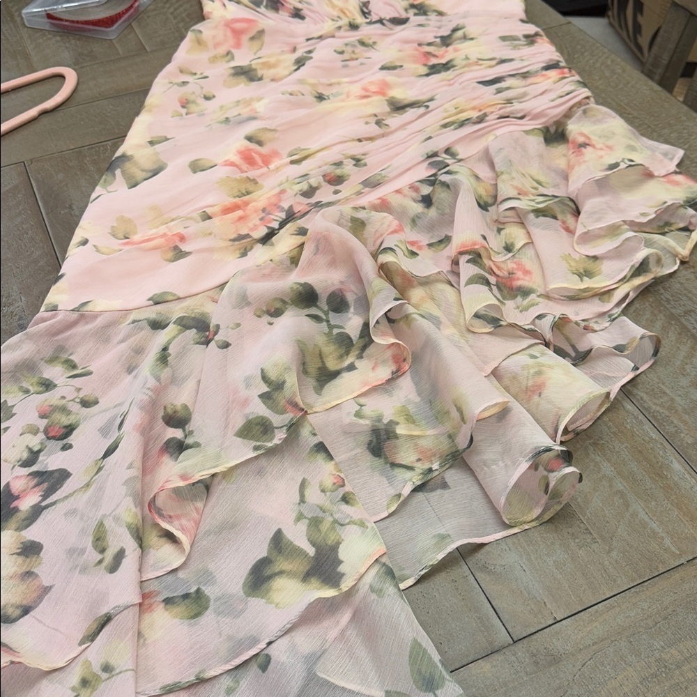 IEENA FOR MAC DUGGAL
Light Pink Floral Print Asymmetrical Ruffle Hem Dress - Picture 8 of 15